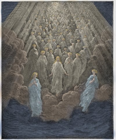 Paradiso, Canto 5: De menigte van talloze gloeiende zielen in het tweede rijk, illustratie uit De Goddelijke Komedie van Dante Alighieri, 1885 door Gustave after Dore